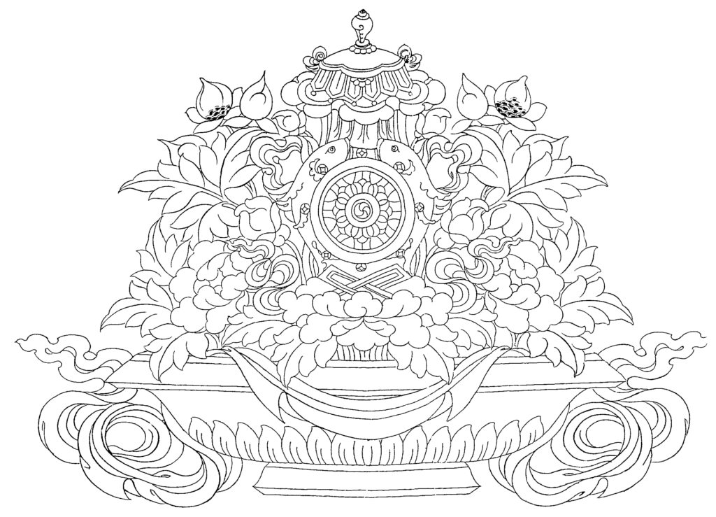 The Eight Auspicious Symbols are sacred signs in Tibetan Buddhism representing good fortune and spiritual wisdom. They symbolize protection, happiness, purity, abundance, and the path to enlightenment.